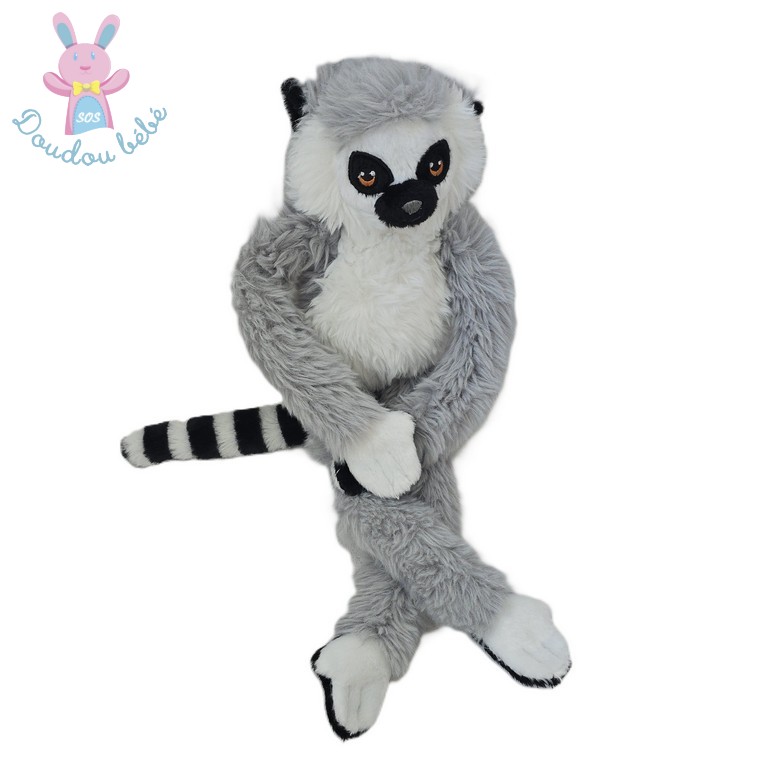 Doudou Lémurien gris blanc queue noir blanc 43 cm NATURE PLANET
