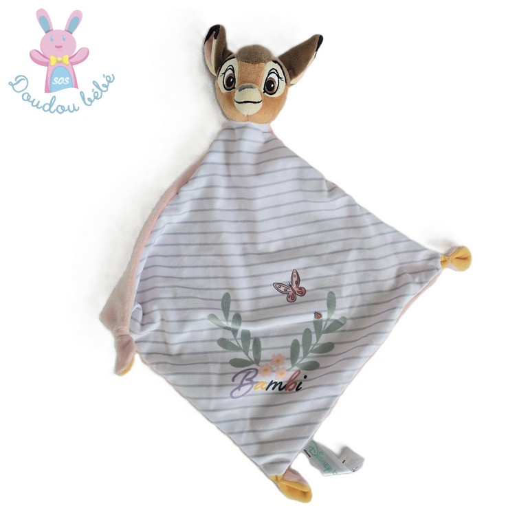 Doudou plat Faon Bambi rayé gris blanc papillon dos rose DISNEY