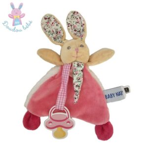 Doudou plat Lapin Poupi rose beige fleurs attache tétine BABY NAT