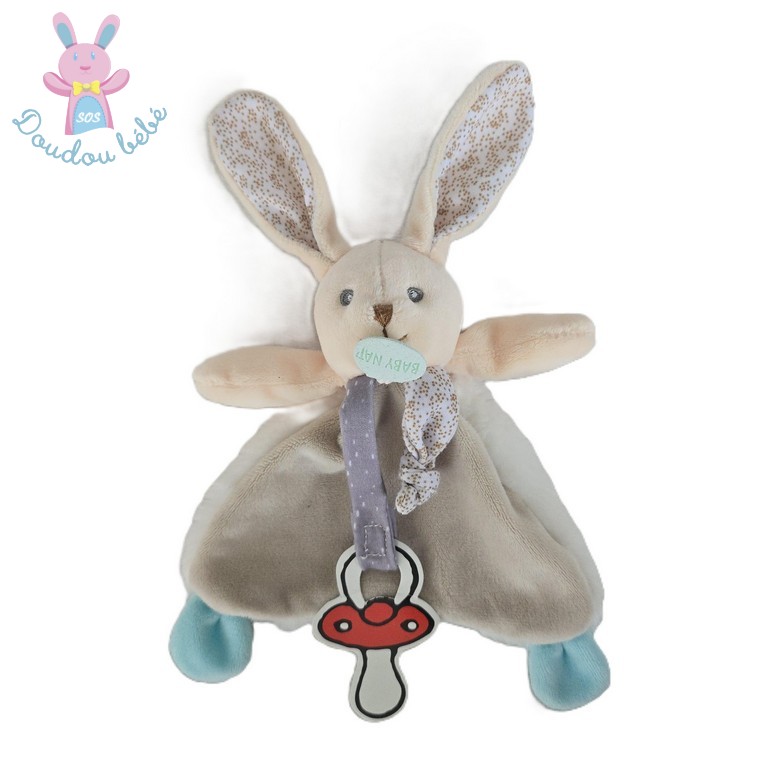 Doudou Lapin plat Poupi blanc gris beige BABY NAT