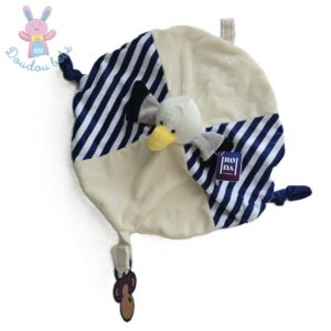 Doudou plat Oiseau Mouette rond blanc rayé bleu RODA RODADOU