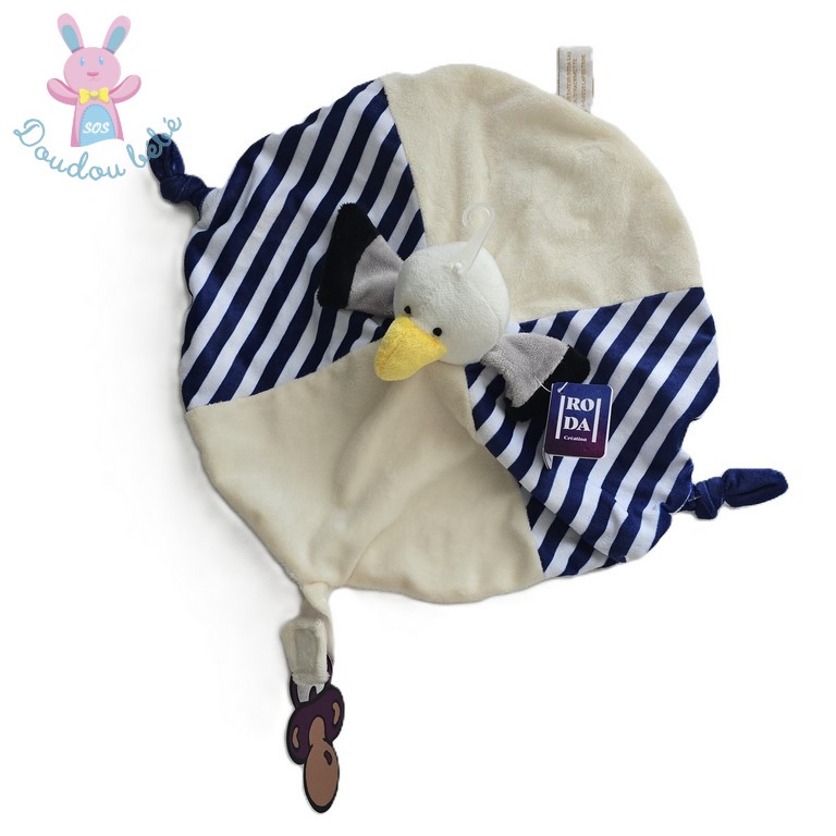 Doudou plat Oiseau Mouette rond blanc rayé bleu RODA RODADOU