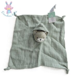 Doudou plat Chat gris lange vert capuche OBAIBI