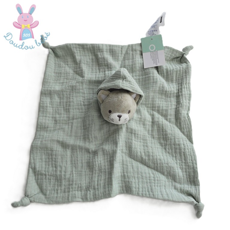 Doudou plat Chat gris lange vert capuche OBAIBI