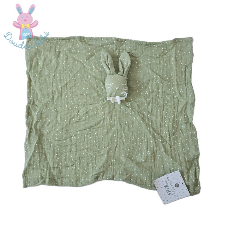 Doudou plat Lapin lange vert pois nœud ATMOSPHERA KIDS