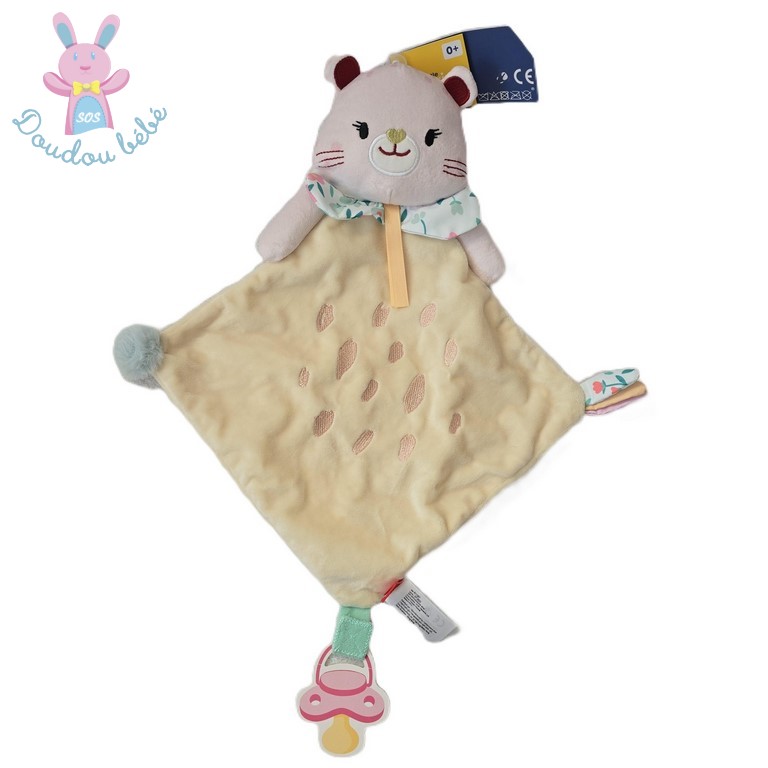 Doudou plat Chat rose beige attache tétine GIFI DIFFUSION