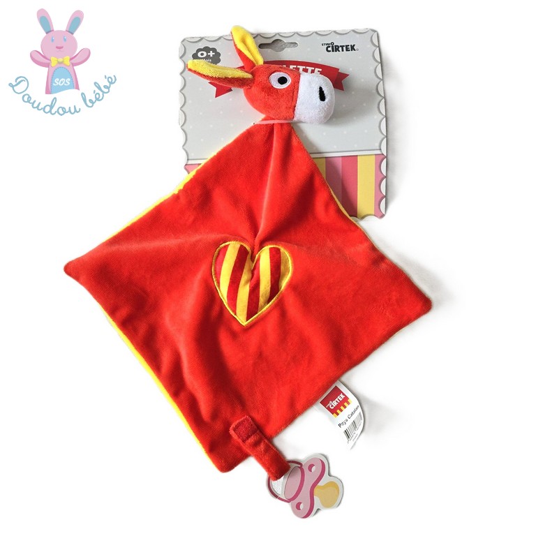 Doudou plat Ane Frigoulette rouge jaune cœur PAYS CATALAN