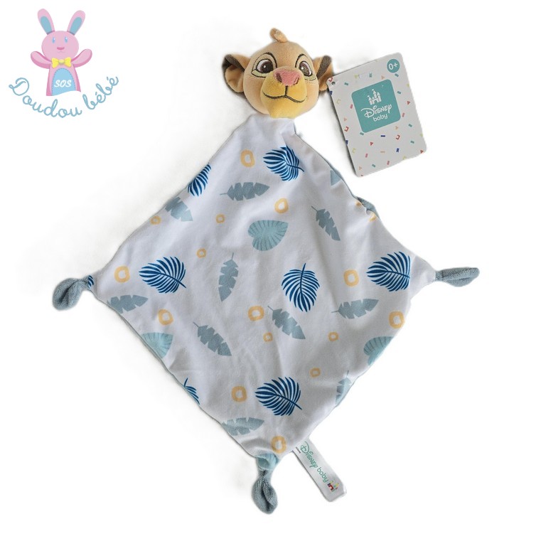 Doudou plat Lion Simba bleu blanc feuilles DISNEY
