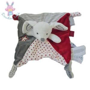 Doudou plat Lapin rouge blanc gris étoiles rayé OBAIBI