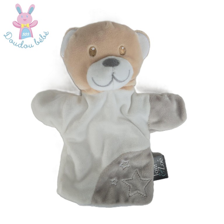 Doudou Ours marionnette blanc beige gris étoiles Tom & Zoé