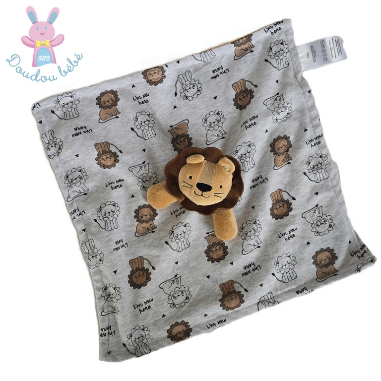 Doudou Lion plat marron beige gris I am new here SOGESMA
