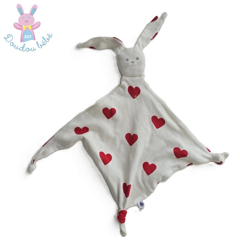 Doudou plat Lapin tissu blanc rouge cœurs PETIT BATEAU