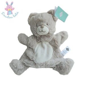Doudou marionnette Ours beige clair chiné et blanc TEX BABY
