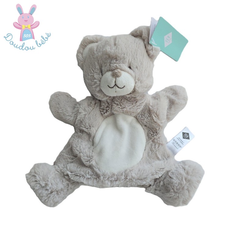 Doudou marionnette Ours beige clair blanc TEX