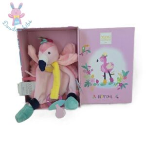 Doudou plat Flamant Rose Tropi&rsquo;cool attache tétine DOUDOU ET COMPAGNIE