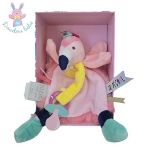 Doudou plat Flamant Rose Tropi&rsquo;cool attache tétine DOUDOU ET COMPAGNIE