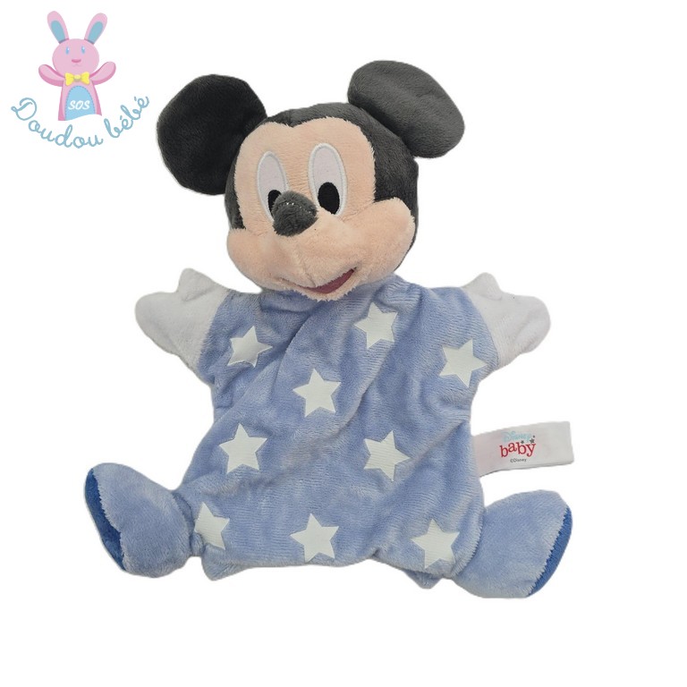 Doudou Souris Mickey marionnette bleu blanc étoiles DISNEY
