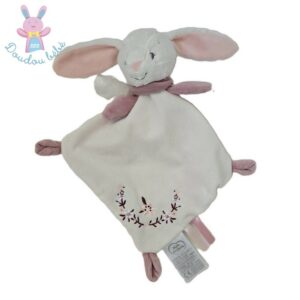 Doudou plat Lapin blanc rose prune fleurs MOTS D’ENFANTS