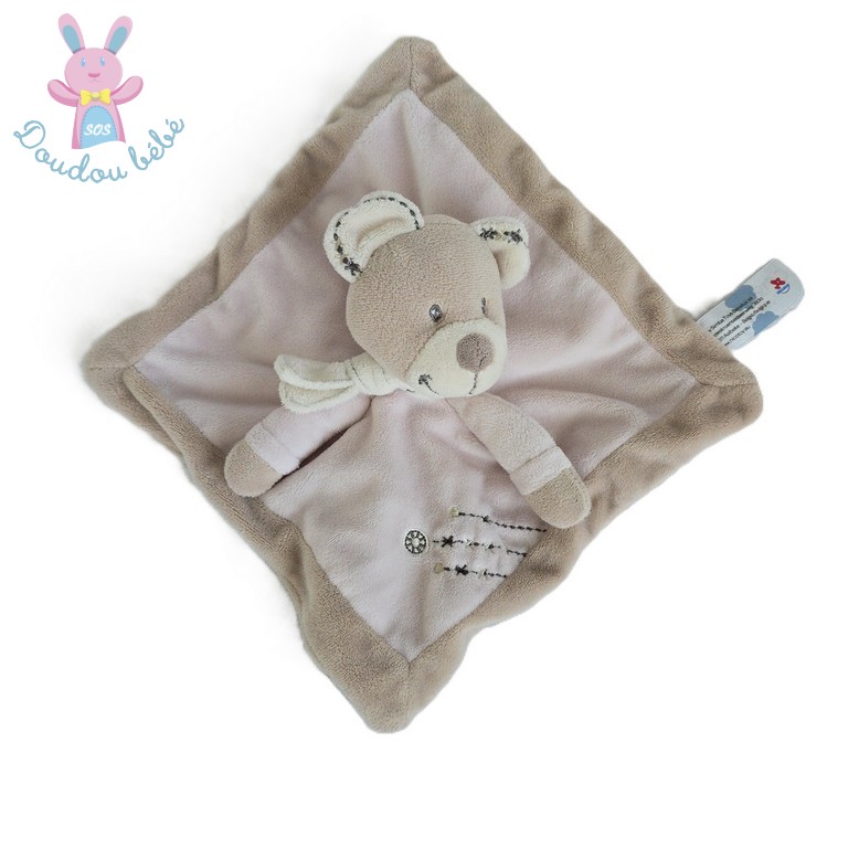 Doudou plat Ours beige rose écru croix NICOTOY SIMBA