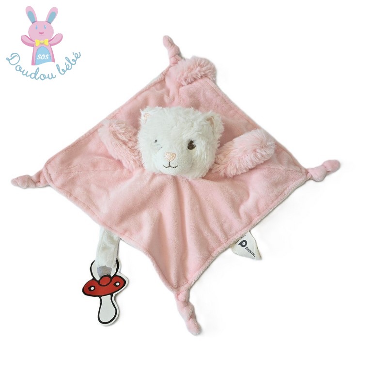 Doudou plat P'tit chat des merveilles rose blanc attache tétine Prémaman