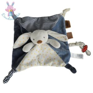 Doudou plat Lapin bleu blanc rayé étoiles jaune OBAIBI