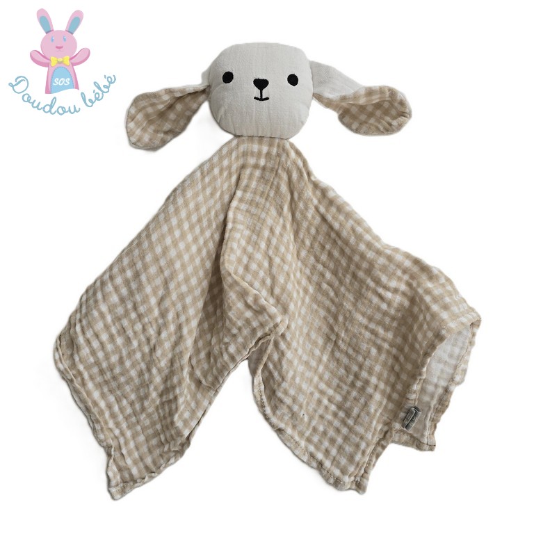 Doudou plat Lapin lange vichy beige blanc BOUT'CHOU MONOPRIX