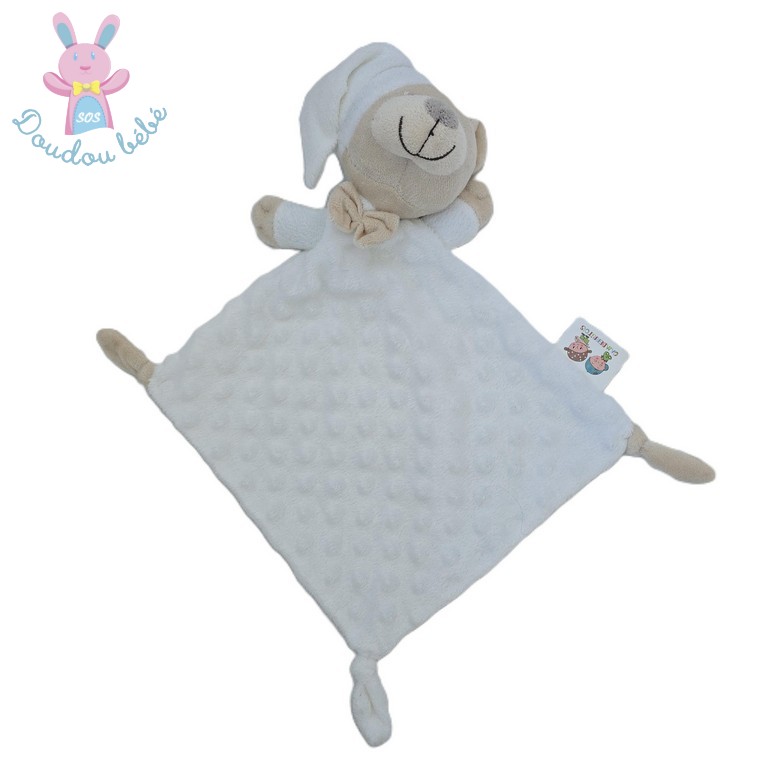 Doudou plat Ours blanc beige bonnet nœud papillon GAMBERRITOS