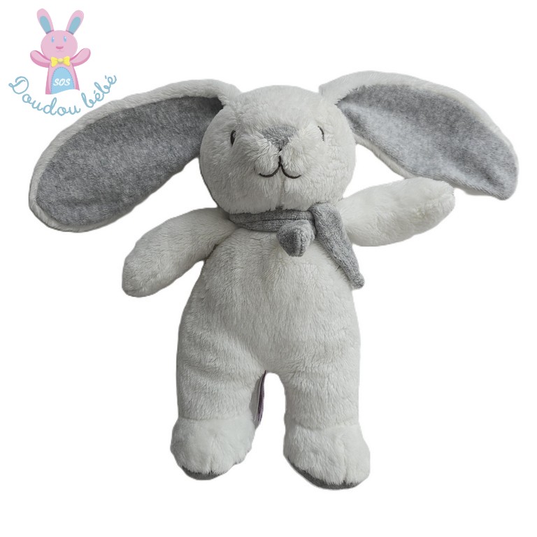 Doudou Lapin blanc gris écharpe POMMETTE