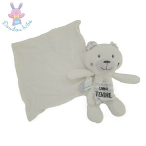 Doudou Ours blanc gris rayé cœur tendre mouchoir SUCRE D’ORGE