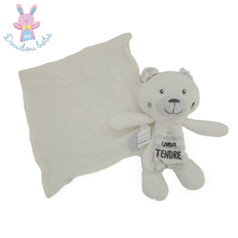 Doudou Ours blanc gris rayé cœur tendre mouchoir SUCRE D'ORGE