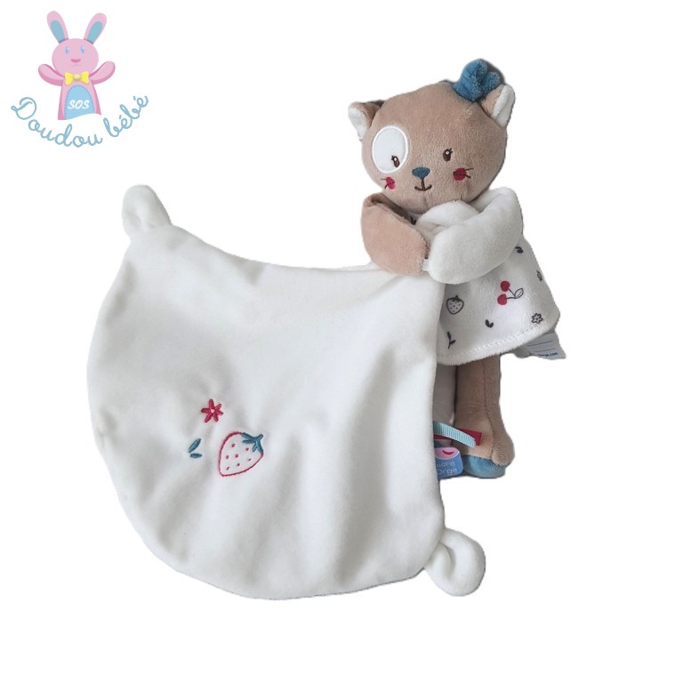 Doudou Chat beige blanc cerises mouchoir SUCRE D'ORGE