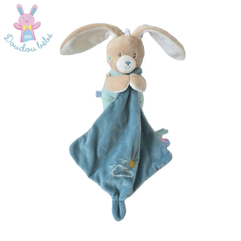 Doudou Lapin bleu beige mouchoir nuage soleil SUCRE D'ORGE