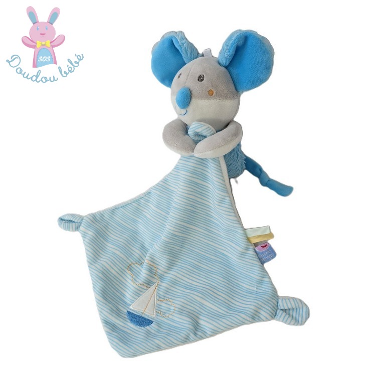 Doudou Souris gris bleu blanc mouchoir rayé bateau SUCRE D'ORGE