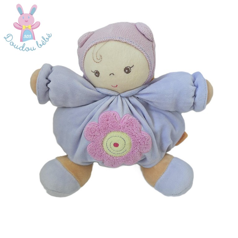 Doudou Poupée boule beige mauve fleur rose 22 cm KALOO