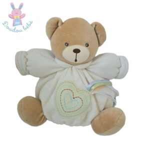 Doudou Ours boule beige écru cœur vert liens satinés KALOO
