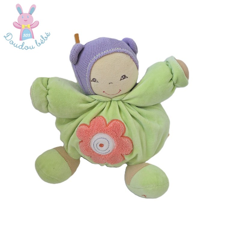 Doudou Poupée boule beige vert mauve fleur saumon 22 cm KALOO