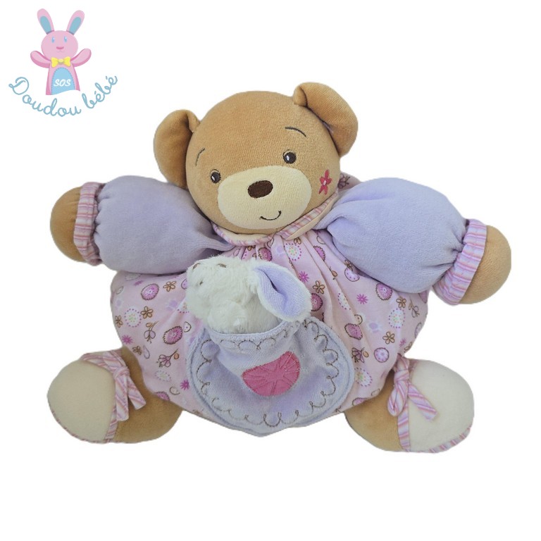 Doudou Ours boule rose mauve beige poche lapin KALOO
