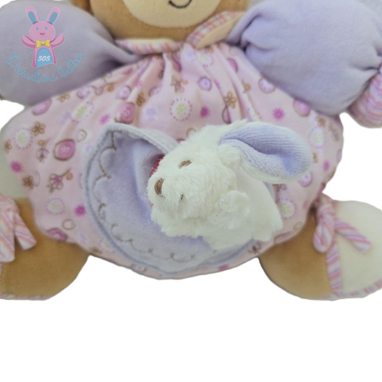 Doudou Ours boule rose mauve beige poche lapin KALOO