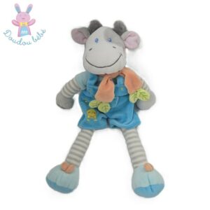 Doudou Vache rayé gris salopette bleu poussin Bébérêve