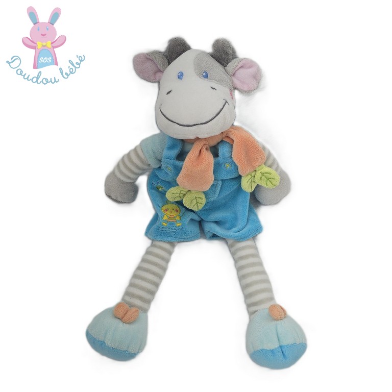 Doudou Vache rayé gris salopette bleu poussin Bébérêve
