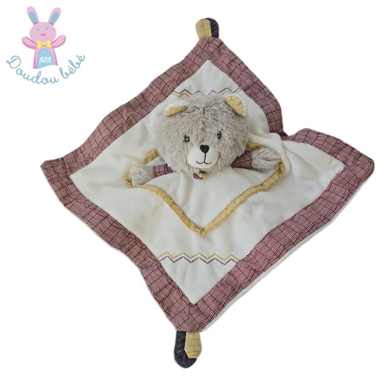 Doudou plat Ours gris blanc jaune rouge SAUTHON
