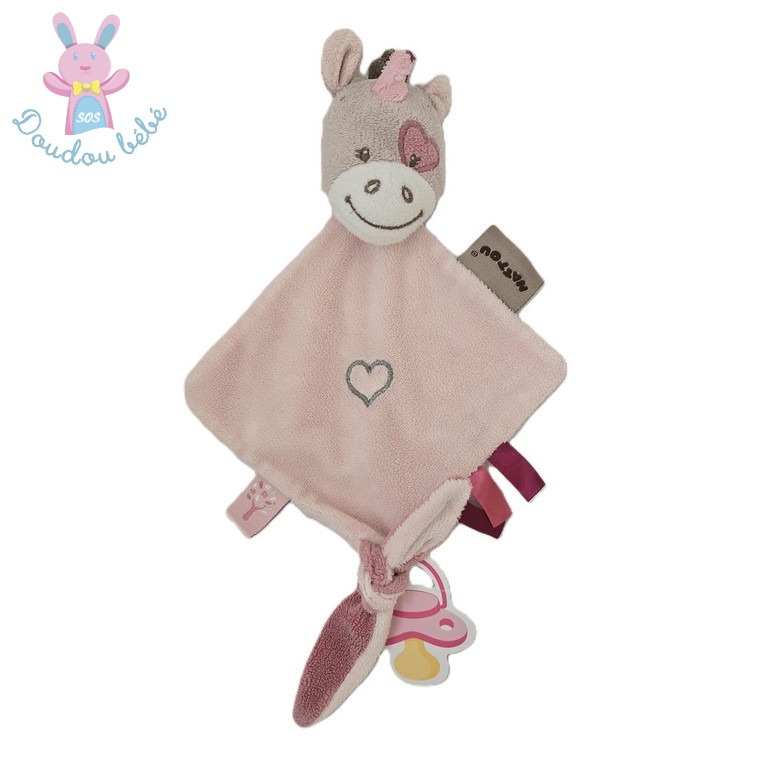 Mini doudou Licorne Jade plat rose beige cœur NATTOU