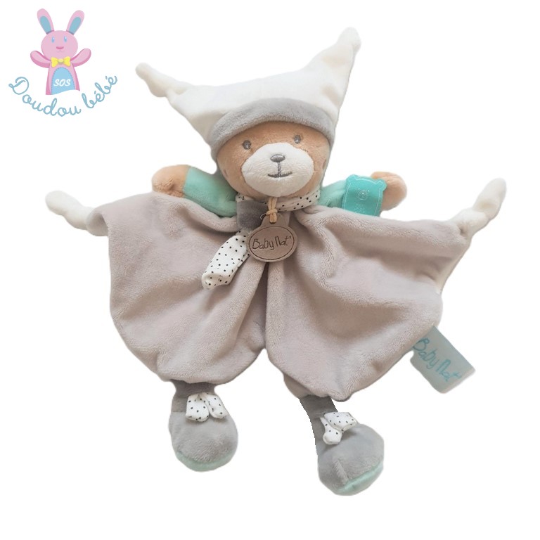 Doudou plat Ours Polochon gris beige bleu bonnet BABY NAT