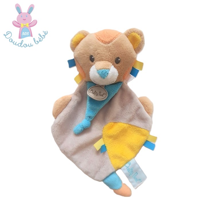 Doudou plat Lion "Les copains" bleu gris beige jaune BABY NAT
