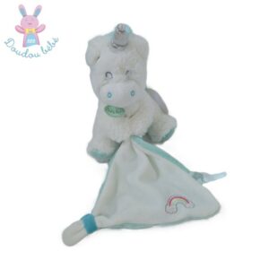 Doudou Licorne blanc bleu mouchoir arc en ciel BABY NAT