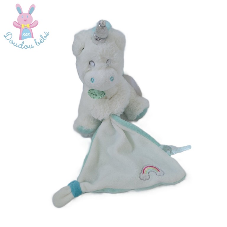 Doudou Licorne blanc bleu mouchoir arc en ciel BABY NAT