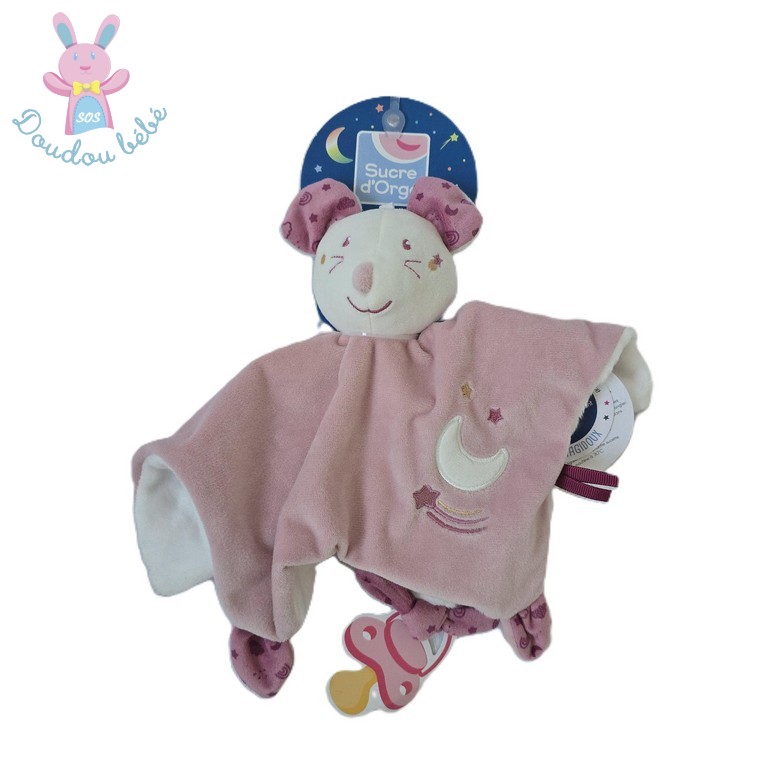 Doudou plat Souris Magidoux rose blanc lune étoiles SUCRE D'ORGE