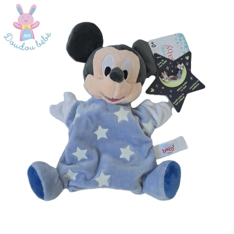 Doudou Souris Mickey marionnette bleu blanc étoiles DISNEY