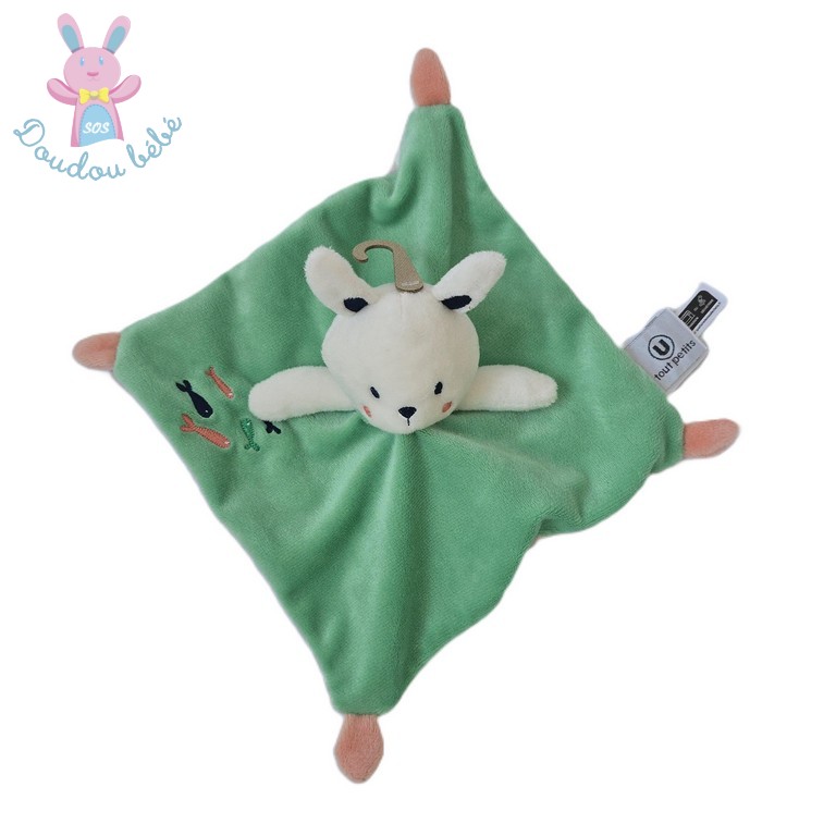 Doudou plat Lapin vert blanc poissons U TOUT PETITS