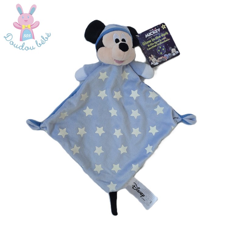 Doudou plat Souris Mickey bleu blanc étoiles luminescent DISNEY